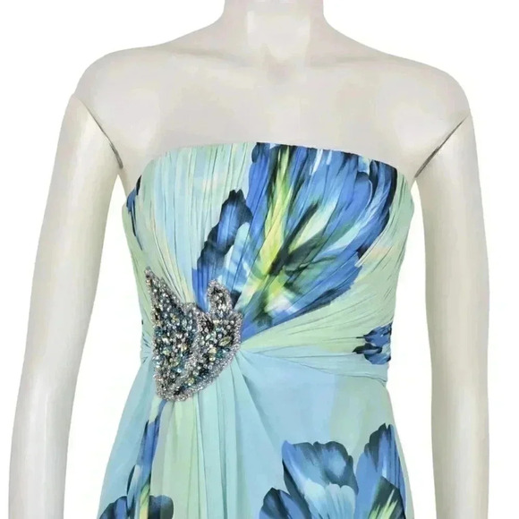 Jovani Gown Blue Green Floral Watercolor Beaded Strapless Chiffon Prom Grad 4 - Picture 3 of 15